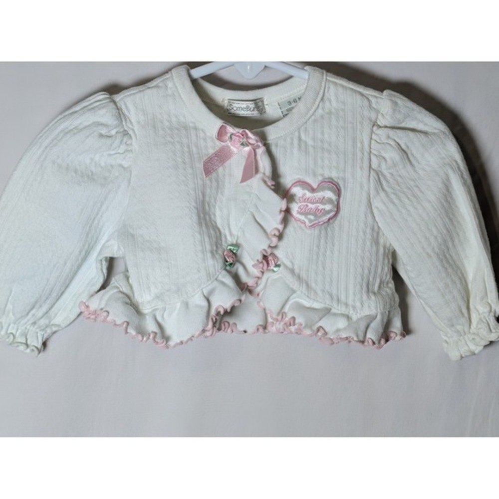 SomeBunny Sweet Baby Cardigan 3-6M White Pink Ruffle Bow‎ Y2K Cottagecore